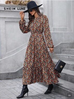 SHEIN Rust Floral Long Sleeve Maxi Dress Brand New Still in Bag